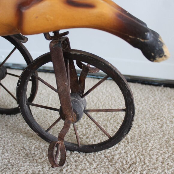 Antique 17.5"Tall x 16" Wood & Cast Iron Leather Saddle Horse Trike - Picture 5 of 16